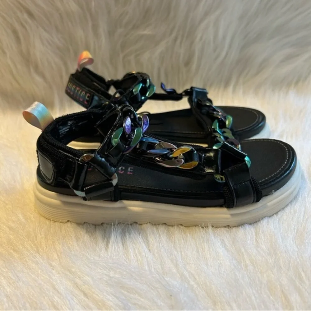 Justice Sandals Girls Size 1 Black‎ Chains Open Toe Adjustable Shoes
